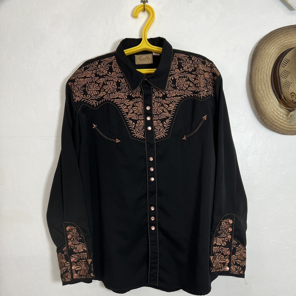 Scully Gunfighter Western Shirt Black Copper Floral Embroidered Pearl Snap 3XL